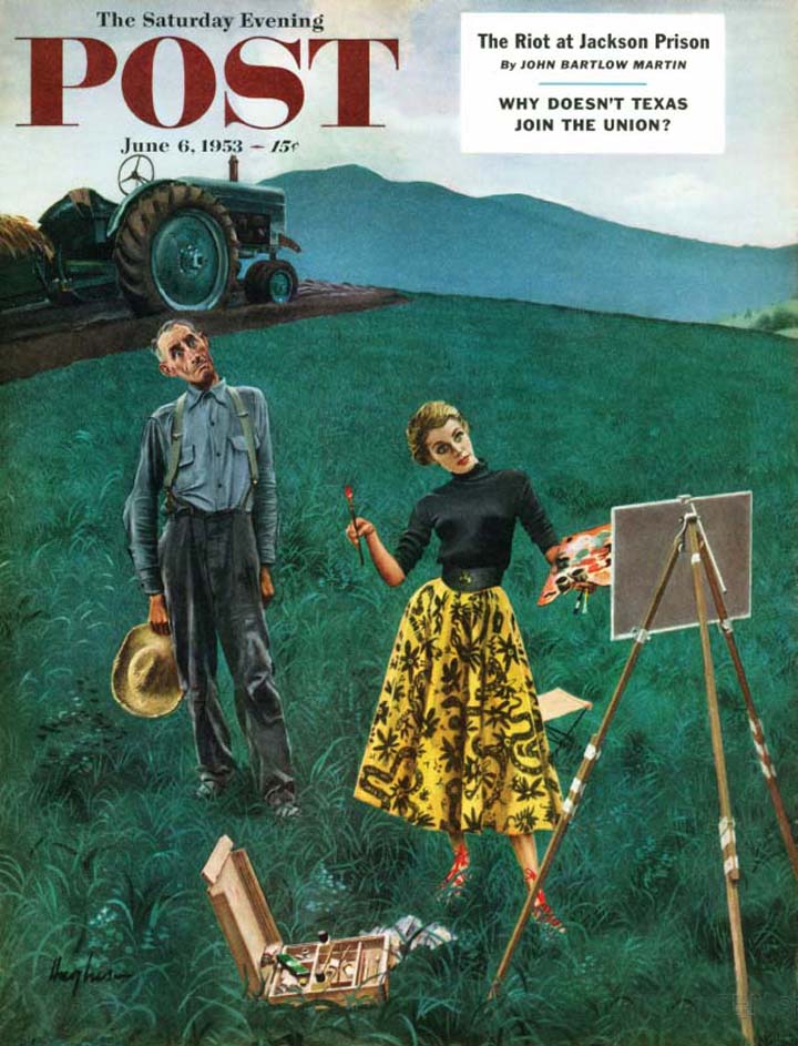 Agriculteur et femme peintre dans les champs