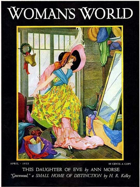 1933-04 Une fille esaie des vêtements anciens dans le grenier