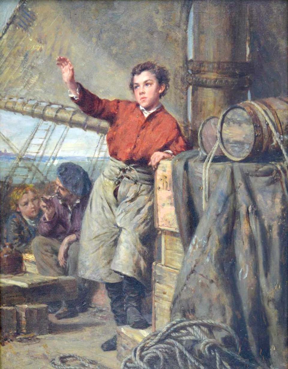 A cabin boy on the deck of a ship