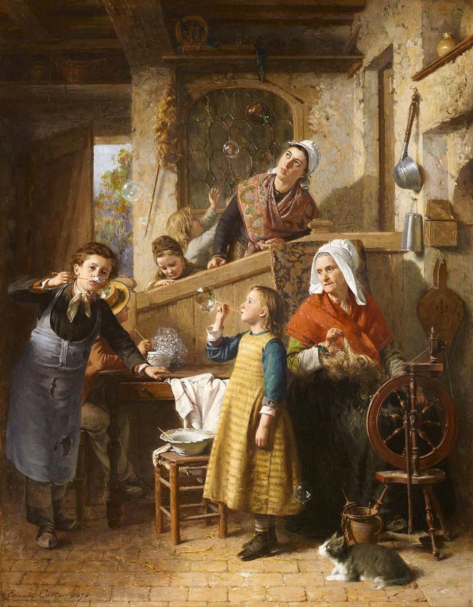 Cottage interior with children blowing bubbles