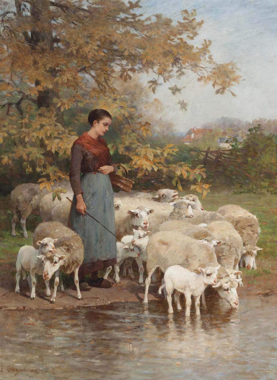A shepherdess watering her flock