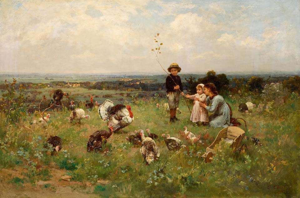 Children in the pasture with a flock of turkeys