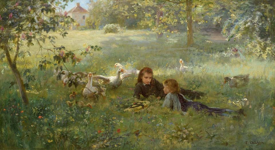 Girls talking in a meadow with geese