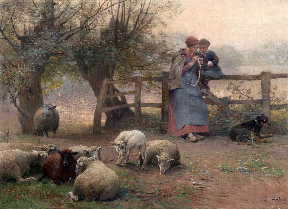 Peasant with boy and sheep on the meadow