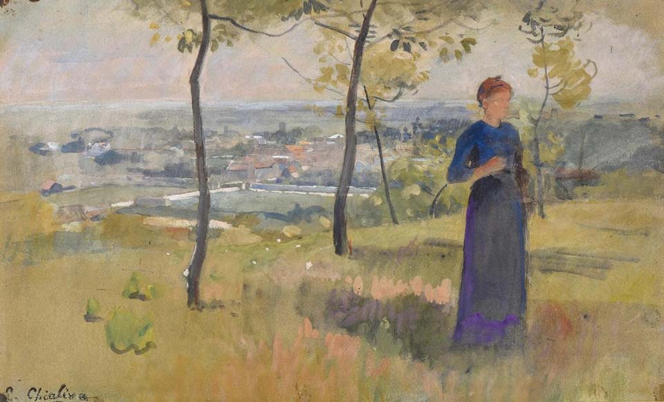Woman in blue dress in a landscape