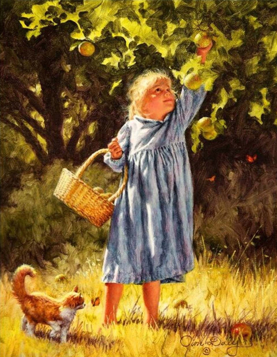 Country girl reaching for an apple