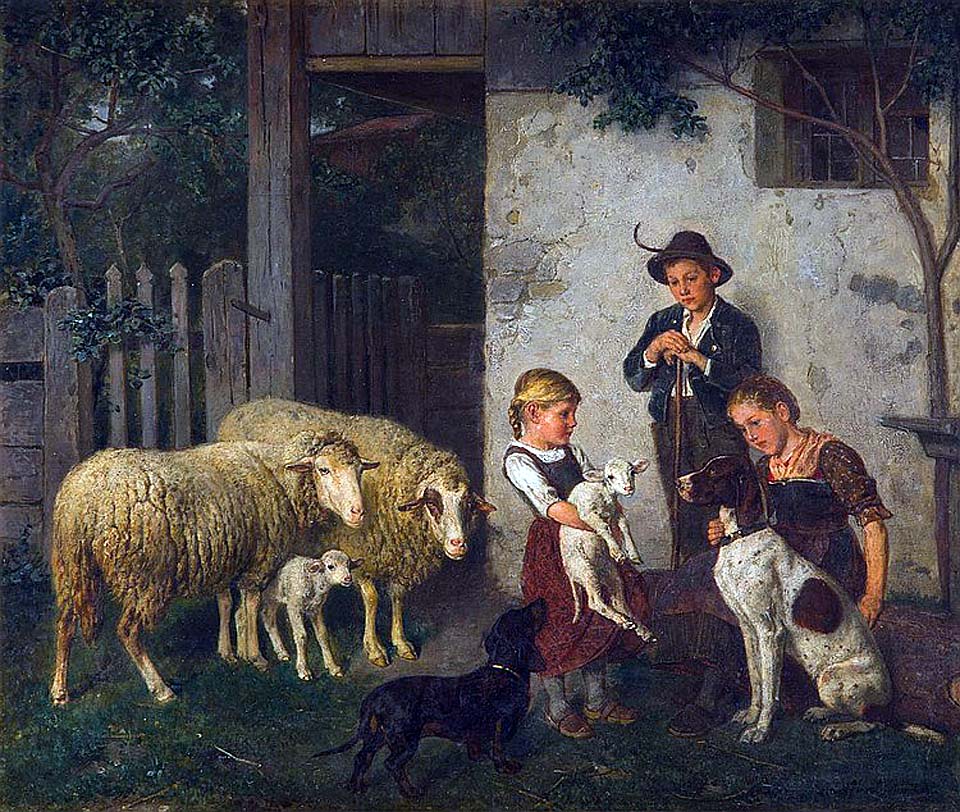 Children with rams and dogs