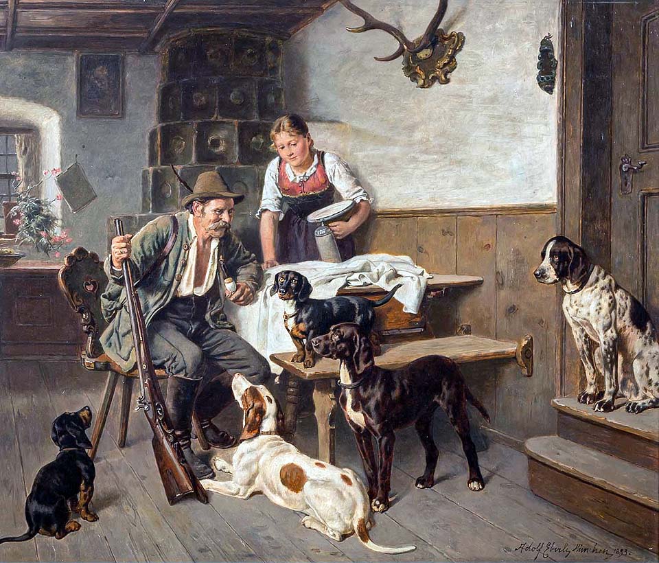 Hunter with his dogs in the parlour