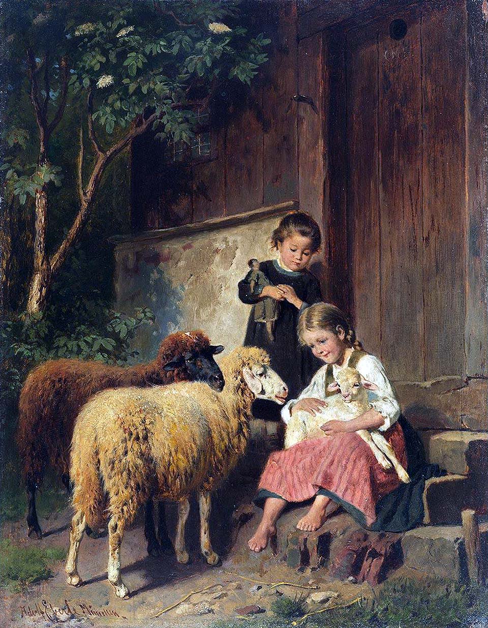 Two children with sheep
