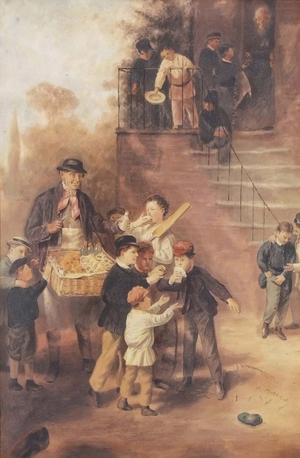 A victorian seller surrounded by school children