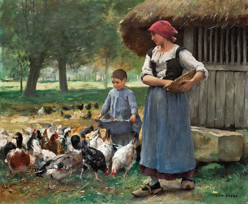 Farm girl feeding chickens