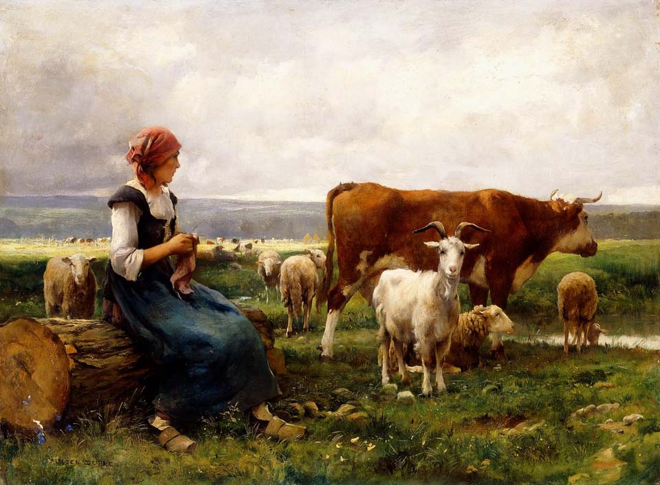 Shepherdess with cows and goats
