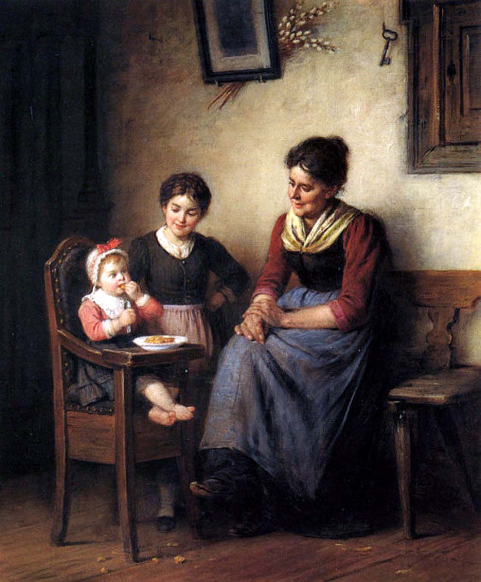 Mother with two chidren in the farmhouse parlor