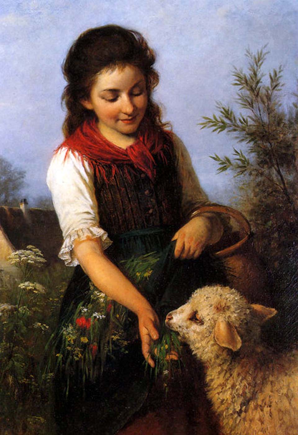 Peasant girl feeding the lamb