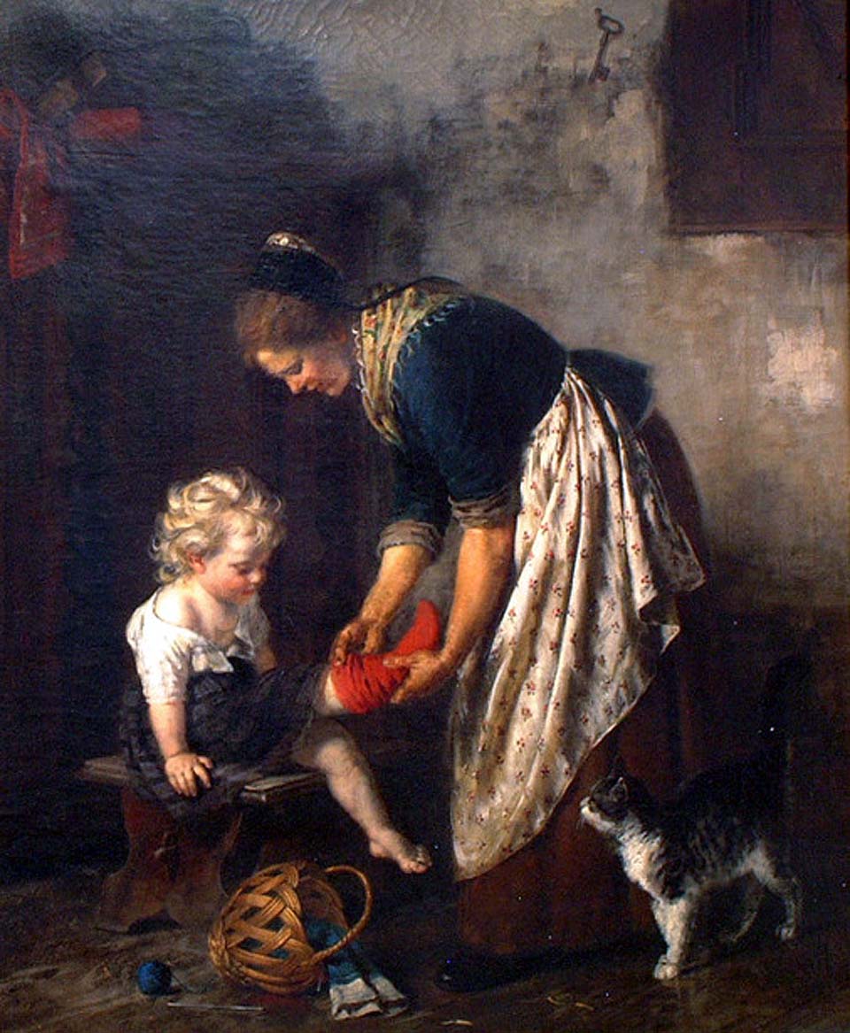 The red sock mother dressing her child
