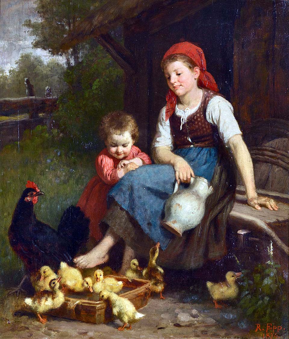 Two farm children with a hen and ducklings