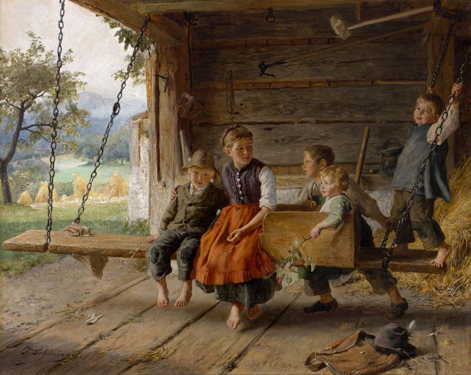 Children swinging on a bench swing in the shed