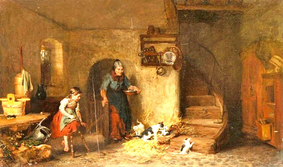 Farmer's kitchen with a family of cats