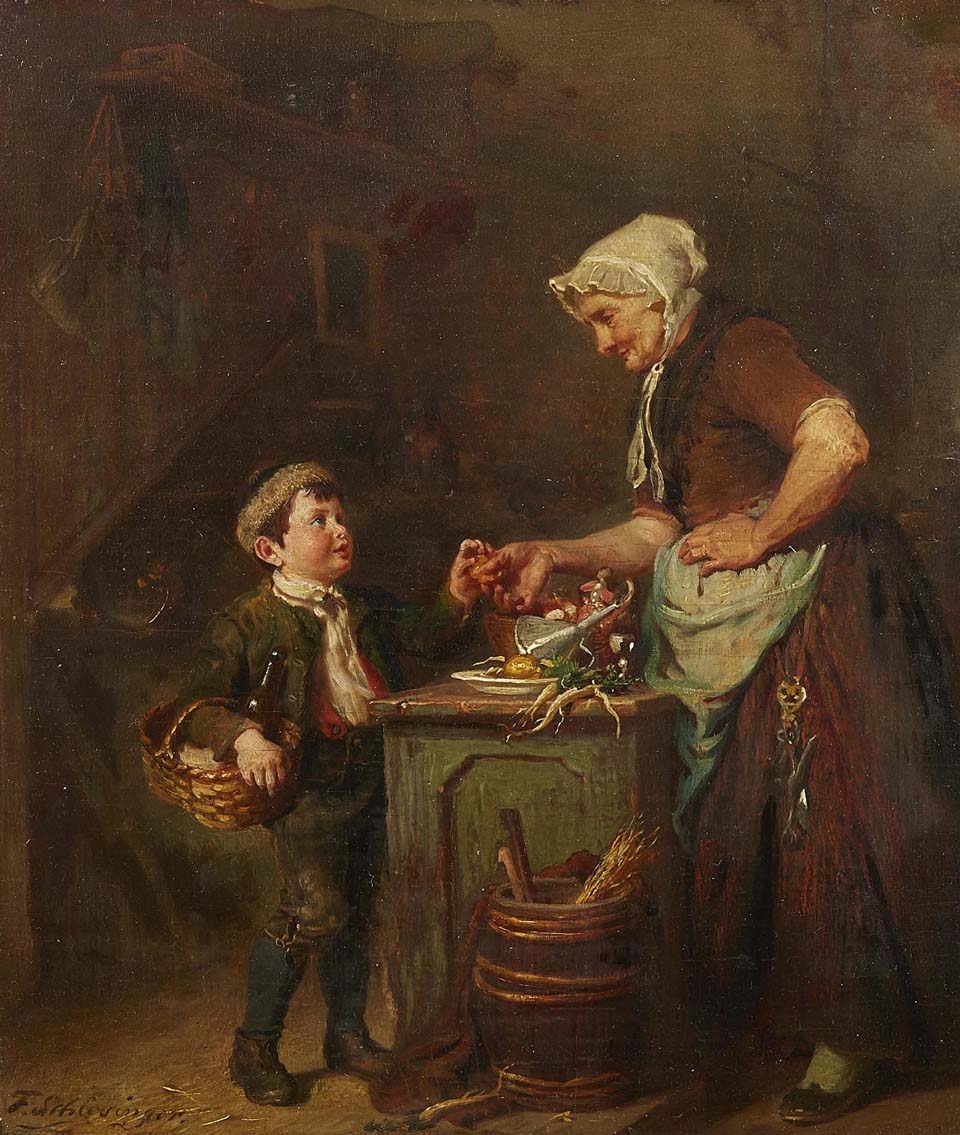 Interior scene with a merchant and a young customer