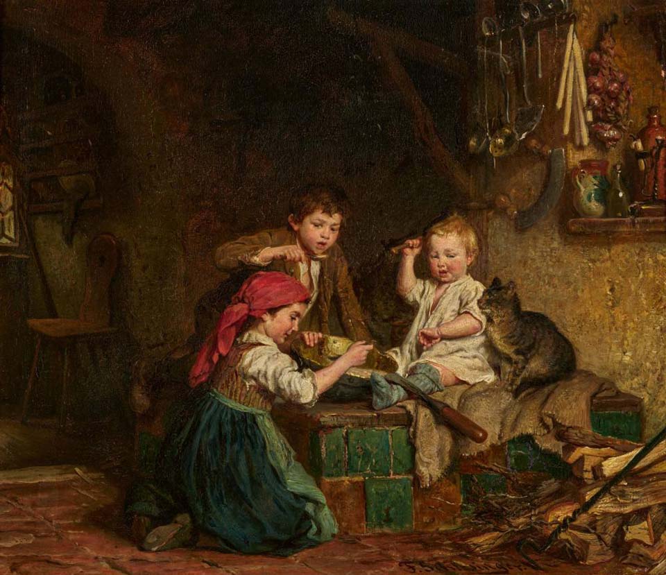 Interior with children eating soup