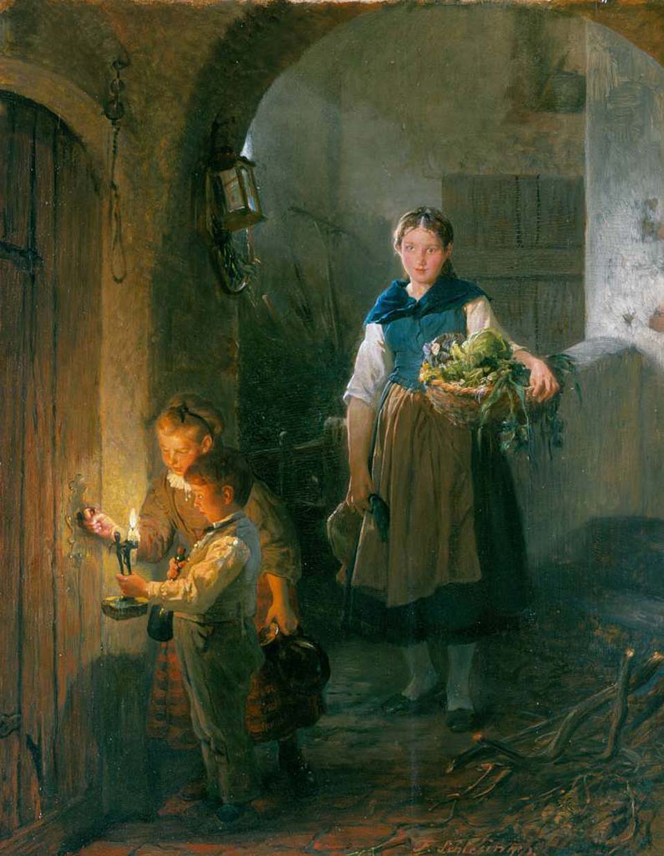 Kitchen maid with children in the pantry