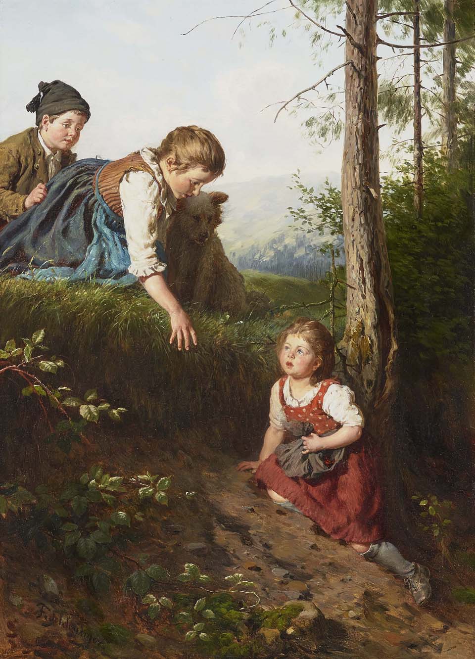 Three children in the forest picking berries