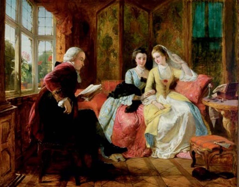 Oliver Goldsmith reading a novel to miss Horneck, the Jessamy bride and his sister