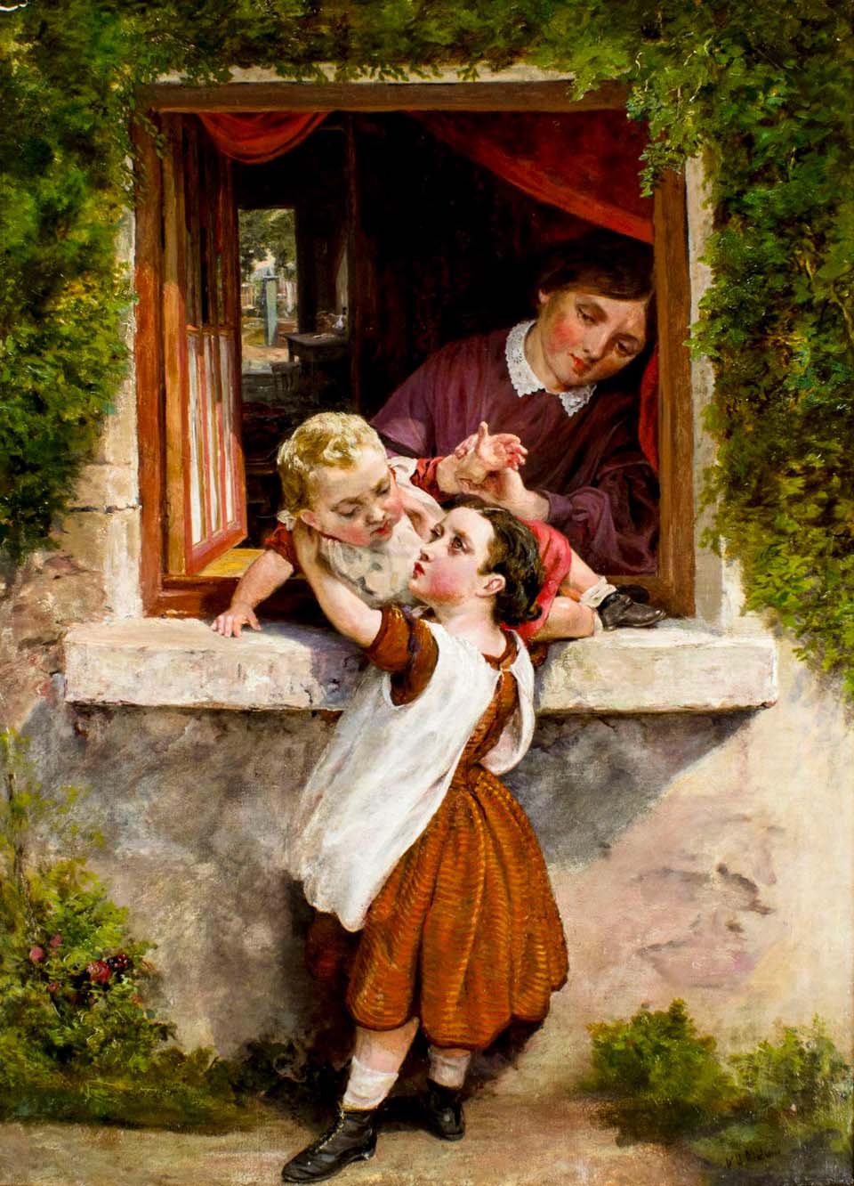 Children embracing at a window