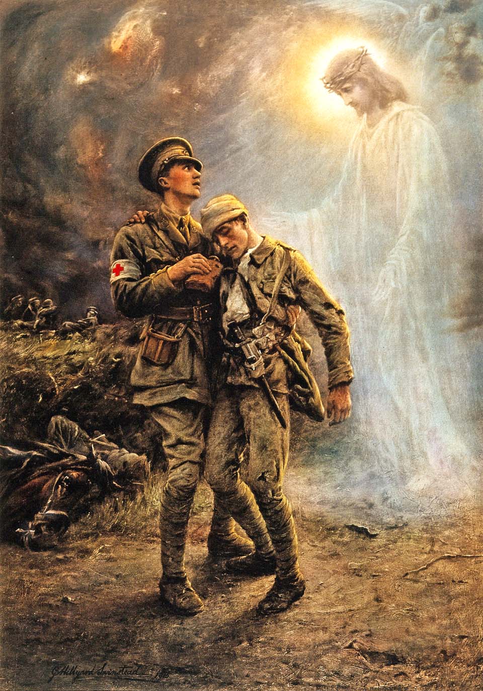 First World War ; two soldiers, one badly wounded, being conforted by a vision of Christ