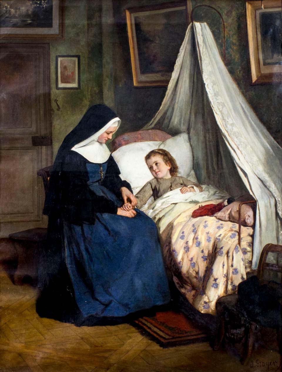 Nun sitting bedside with girl