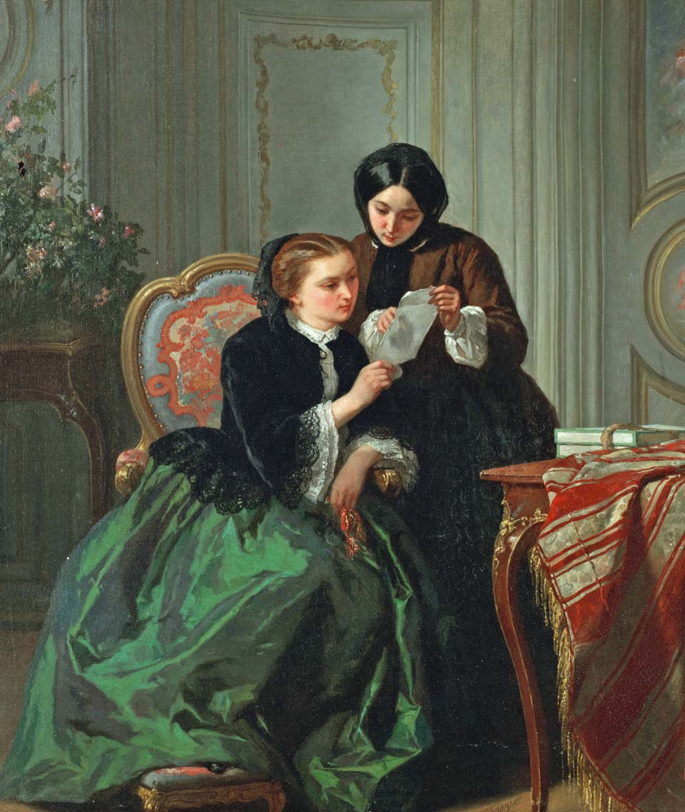 Two young ladies reading a letter