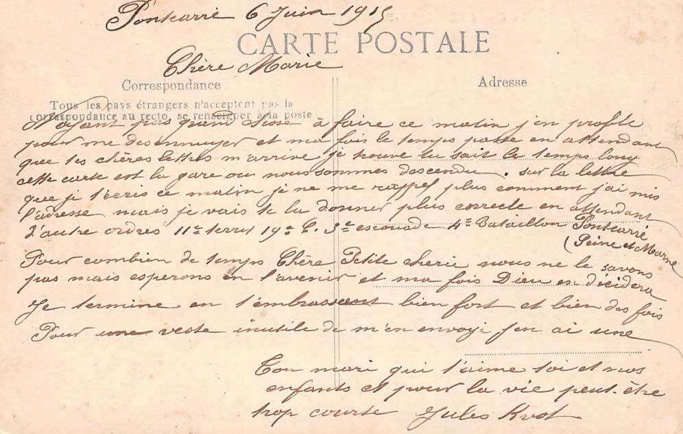 Carte postale écrite par un soldat arrivant à la gare d'Ozoir-la-Ferrière en 1915