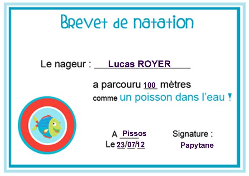 brevet de natation de 100 m de Lucas ROYER