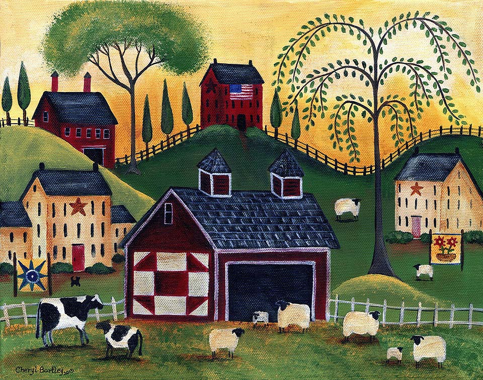 Sunrise Red Quilt Barn Sheep Cows