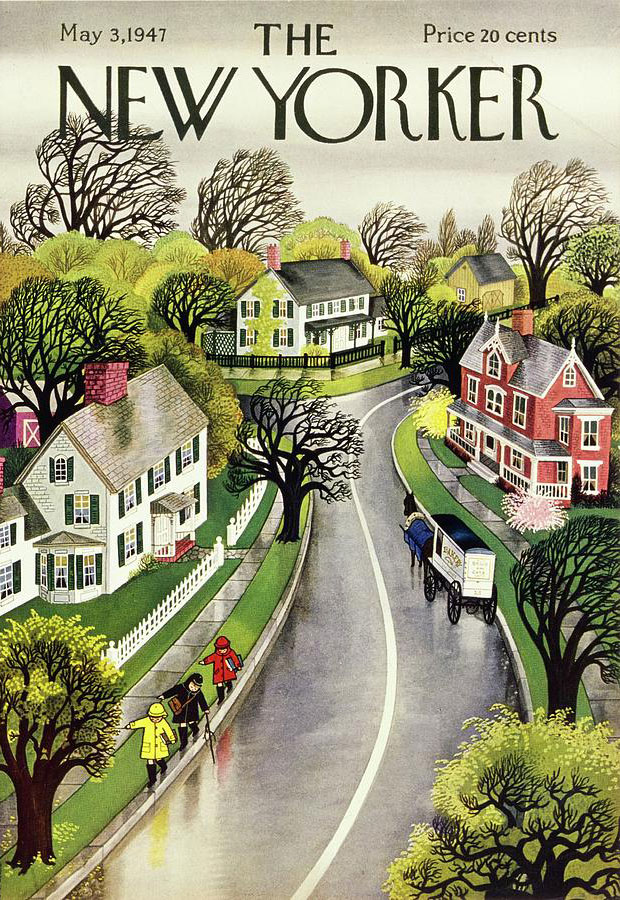 Suburban residential street on a rainy day with children playing in the gutter and the knife sharpener making his rounds in his horse drawn carriage.