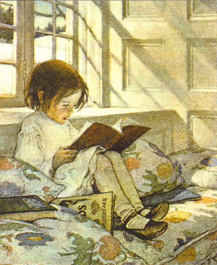 Adorable Little Girl Reading in a Winter Jardin