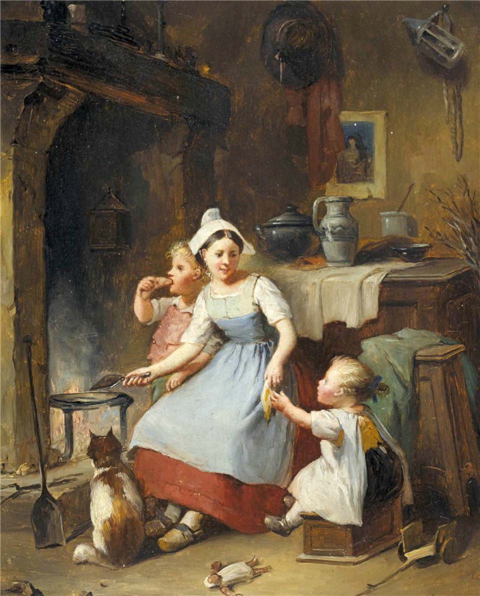 Intérieur de cuisine avec mère et ses enfants