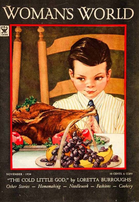 1934-11 Thansgiving, Garçon rendant grâce, Dinde sur la table